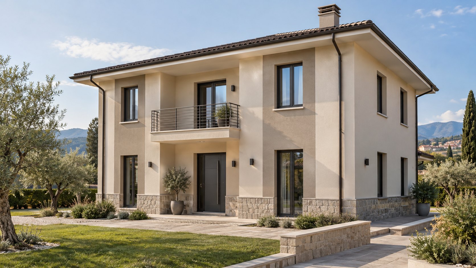 Facciata residenziale appena completata con intonaco chiaro