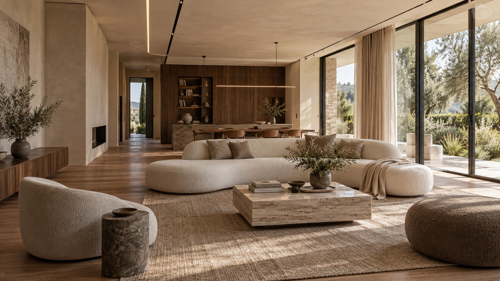 Ambiente living contemporaneo con finiture in pietra e legno