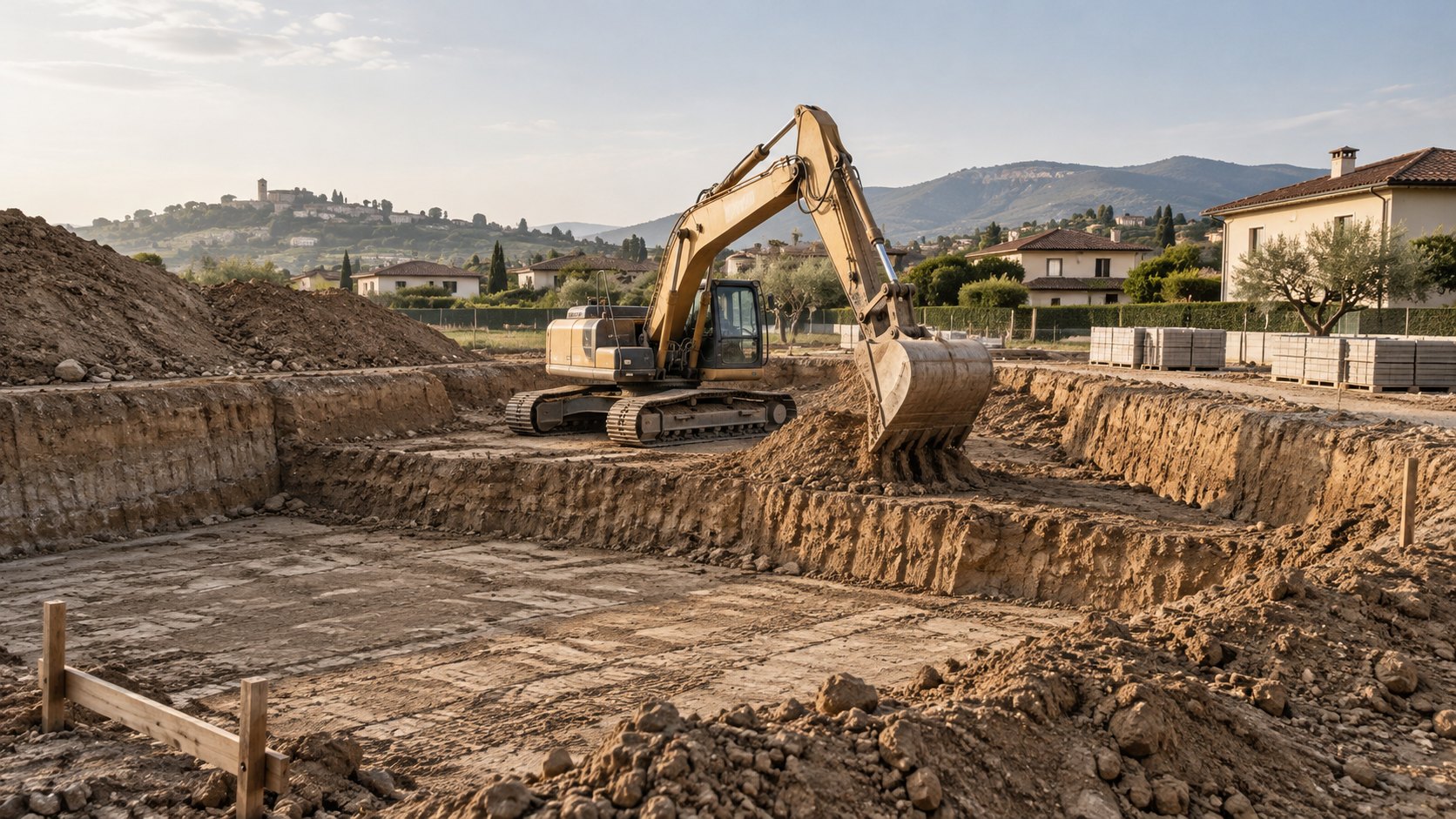 Escavatore al lavoro nello scavo delle fondazioni di un edificio